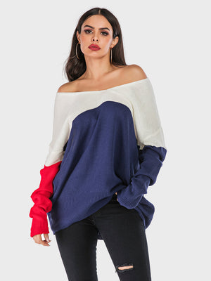 Colorblock off-shoulder knit sweater in dark blue, white, and red with a relaxed fit.