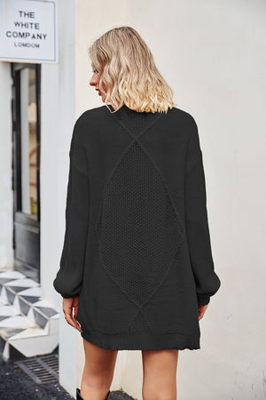 Black cable knit cardigan with diamond pattern detail on back, acrylic.