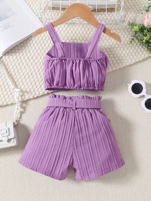 Violet ruffled ribbed toddler two-piece set with square neck crop top and belted shorts.