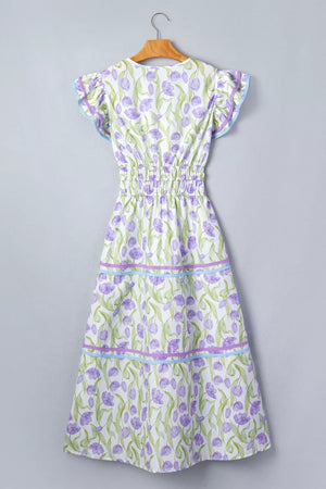 Lavender tulip print midi dress with ruffled sleeves and tiered skirt with ribbon trim.
