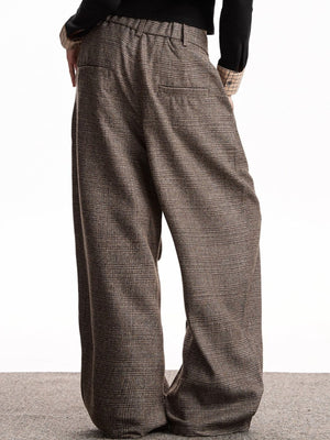 Men's brown plaid wide leg sweatpants with high waist and ankle length