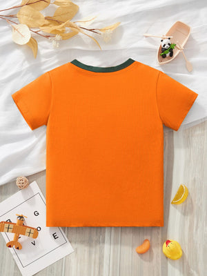 Orange cotton crew neck t-shirt with dark green trim, short sleeves.