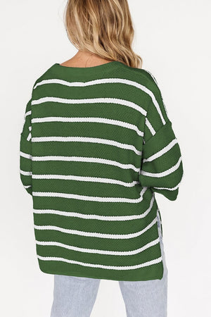 Dark green and white striped knit pullover sweater with a crew neck.
