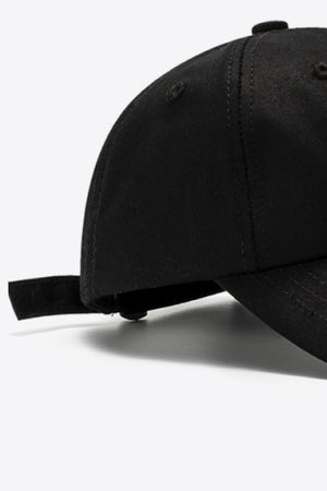 Black cotton baseball cap with adjustable strap detail