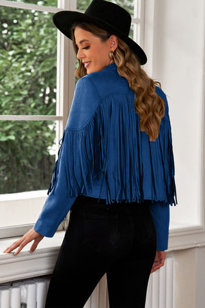 Dark Blue suede cropped jacket with fringe detail and long sleeves.