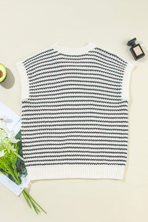 Sleeveless knit tank top in black and white stripe pattern, acrylic knit.