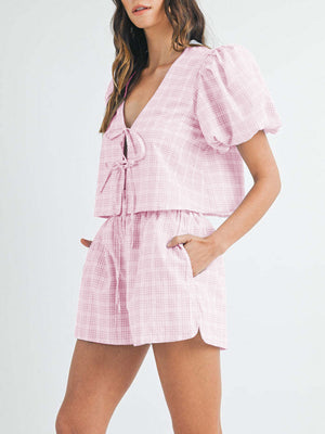 Plaid puff sleeve tie-front crop top and drawstring shorts set in blush pink.