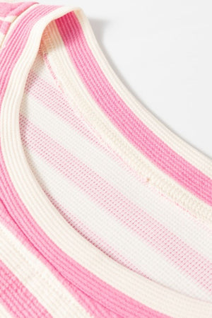 Pink and white striped loungewear set, waffle knit fabric, crew neck detail
