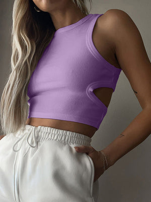 Ribbed cutout crop top in Moss, Orange, Black, White, Caramel, Lemon, Lavender, Gray, or Mid Green.