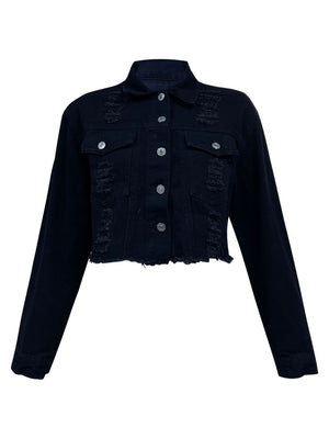 Black cropped distressed denim trucker jacket with frayed hem and collared neckline.