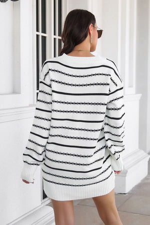 White acrylic knit mini dress with black horizontal stripes and textured details.