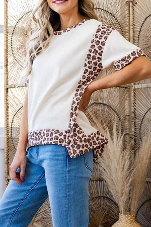 Beige cotton t-shirt with leopard print trim on sleeves and hem.