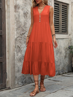 Orange-Red tiered midi sundress with V-neck and button detail