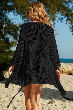 Black crochet bell-sleeve wrap cardigan with tie belt detail