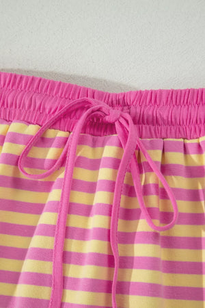 Cotton striped two-piece casual set with pink drawstring waist and elastic waistband.