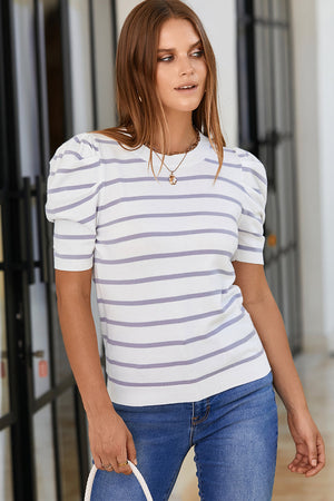 Puff sleeve knit top with horizontal stripes in white and light purple, crew neck, short sleeves.