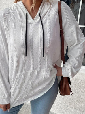 White textured knit raglan hoodie with drawstring and front pocket.
