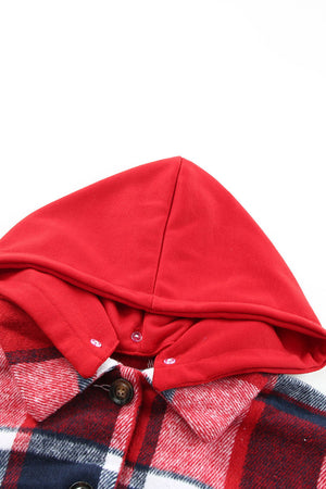 Plaid hooded shacket with red hood and button details.