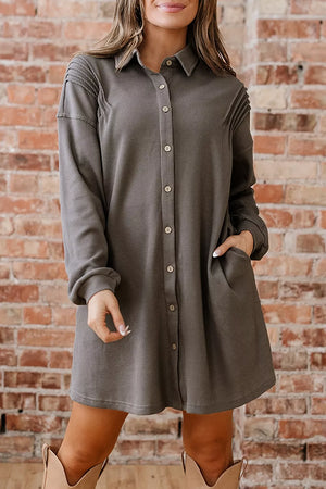 Casual Button-down Dress With Pockets in Dark Gray, front view