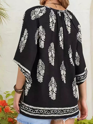 Printed Notched 3/4 Sleeve Blouse in Red, close-up detail