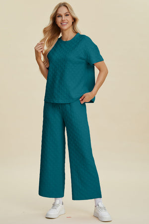 Textured knit loungewear set in cerulean, featuring a short-sleeve top and wide-leg pants.