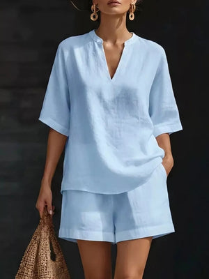 Sky blue oversized linen blend two-piece set with V-neck top and shorts