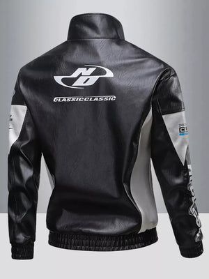 Black and white color block moto jacket with graphic logo detail on back.