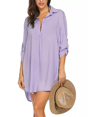 Light Purple oversized collared polyester shirt with buttoned placket and roll-tab sleeves.