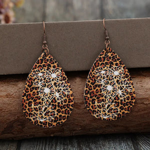 Brown leopard floral laser-cut teardrop earrings with white flower detail