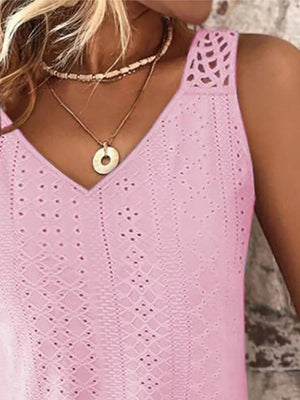 Dusty pink eyelet lace V-neck tank top with intricate patterns.