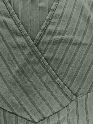 Sage ribbed wrap top with plunging neckline and vertical stripe detail