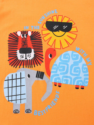 Orange cotton t-shirt with safari animal graphics and text.