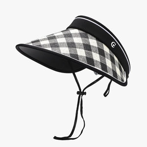 Gingham visor with adjustable strap and chin tie, black and white pattern