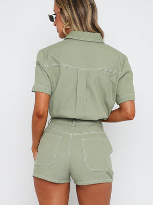 Sage utility set with contrast stitching, short sleeve buttoned shirt and shorts
