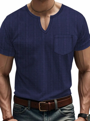 Navy textured notch neck tee with pocket and short sleeves.