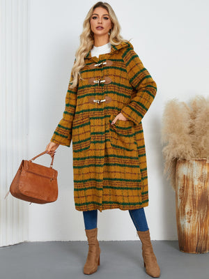 Tartan toggle hooded coat in mustard with green stripes, featuring leather toggles and patch pockets.