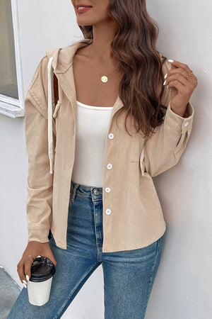Sand ribbed button-up hoodie jacket with white drawstring and white buttons.
