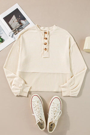 Corded Texture Lantern Sleeve Henley Sweatsuit in Ivory, fit detail