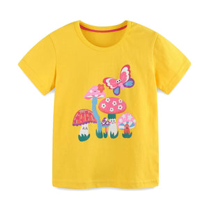 Yellow cotton crew neck t-shirt with a whimsical mushroom and butterfly graphic.