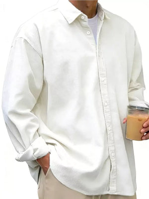 Classic white corduroy button-up shirt for men, relaxed fit, long sleeves