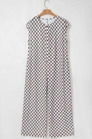 Checkered palazzo jumpsuit in mocha with cap sleeves and button front.