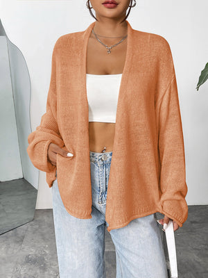 Open-front slouchy knit cardigan in sherbet acrylic with a relaxed fit.