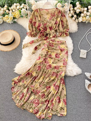 Floral print crop top and ruched skirt set with tie waist and ruffled sleeves