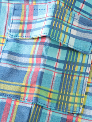 Toddler cotton set with blue plaid pattern and two chest pockets.