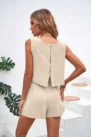 Beige textured crop top with button back and matching shorts set