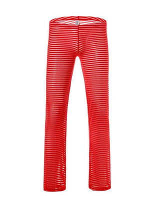 Red sheer horizontal stripe flare trousers with a high waist.
