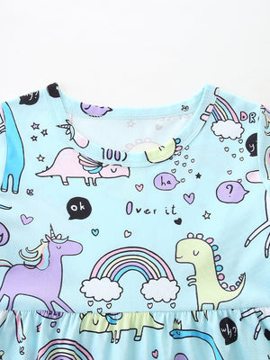 Light blue toddler dress with a whimsical dinosaur and unicorn print, featuring rainbows and speech bubbles.