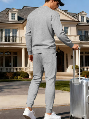 Men's Full Size Round Neck Sweatshirt And Jogger Set in Light Gray, close-up detail