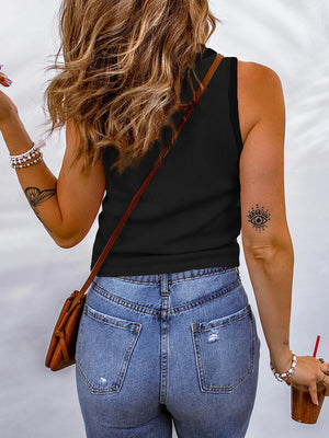 Black ribbed scoop neck tank top with a textured knit, shown from the back.