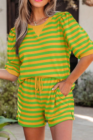 Striped puff sleeve top and drawstring shorts set in green and yellow polyester.